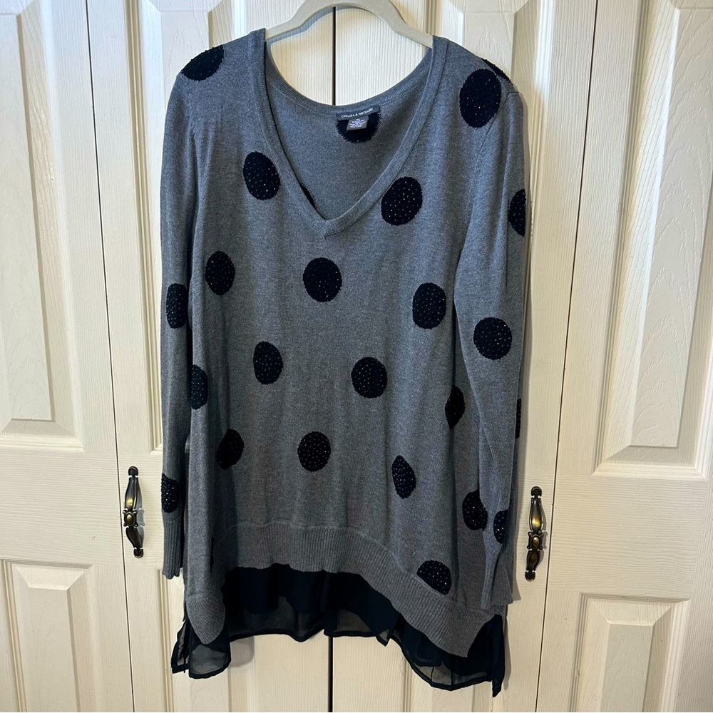 Chelsea & Theodore Embellished Polka Dot Faux Layer Vneck Blouse Womens Size XL